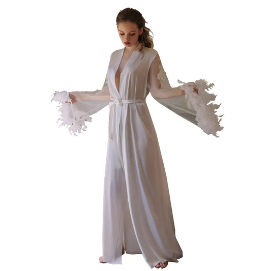 Bossman Hot Women Sleepwear lounge wear Belt Long Robe Silk Feather Luxury Night Gown
