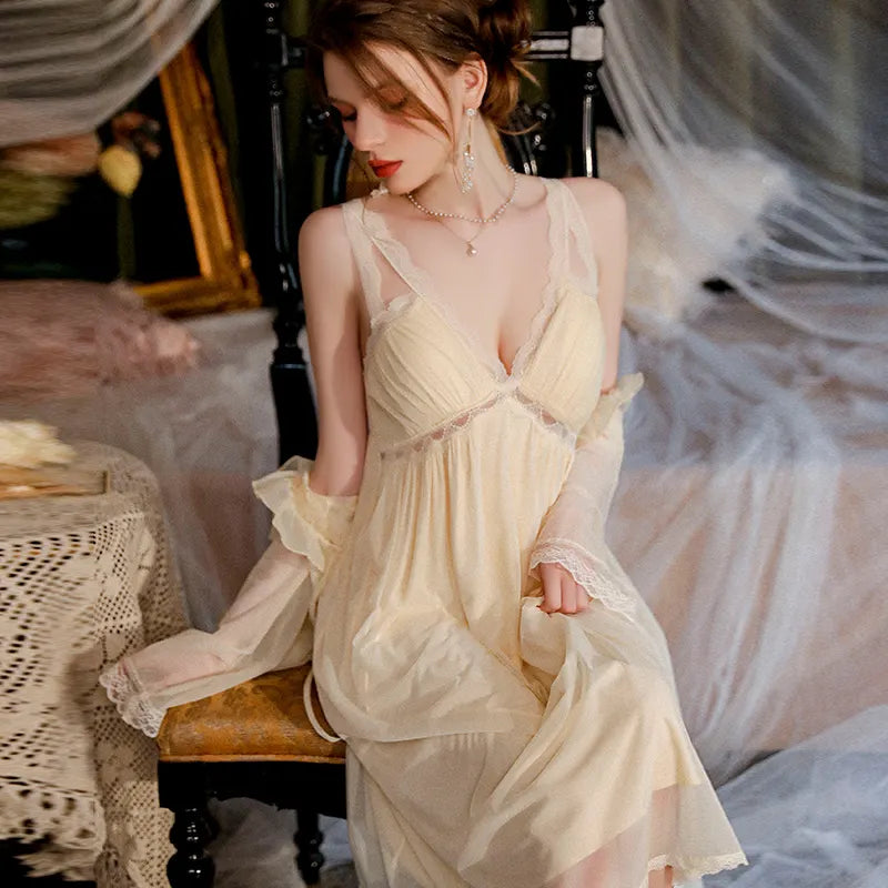Bossman French Gauze Patchwork Lace Sexy V-neck Have Breast Pad Nightdress Ladies Pure Desire Home Dress Set